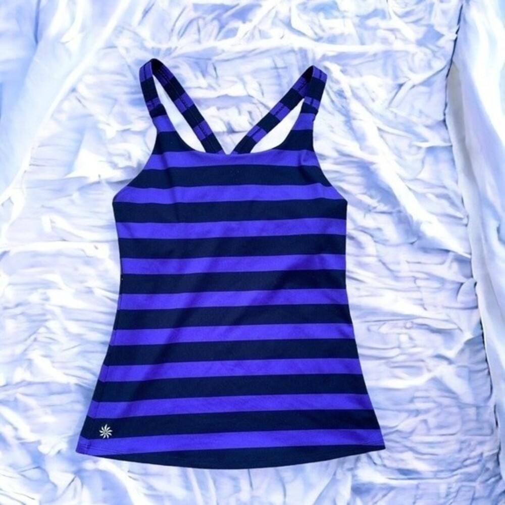 Athleta Tank Top Women's Sz S Optimism Racerback Scoop Neck Striped Black Purple